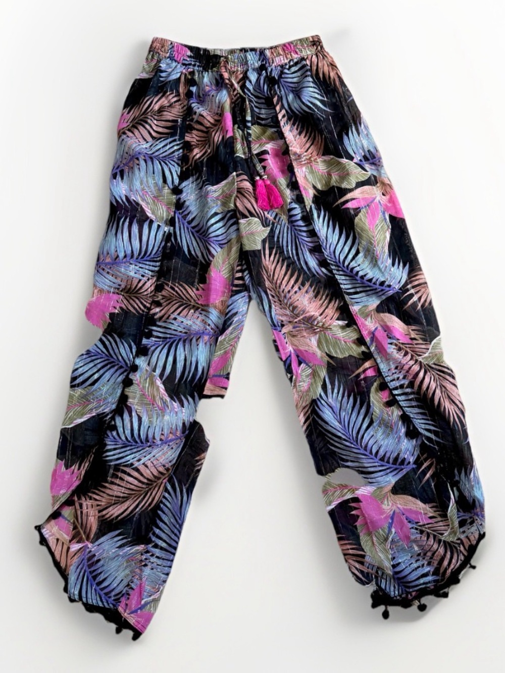 Womens Wide Leg Beach Cover Up Pants Tropical Palm Print Open Split Side Boho S
